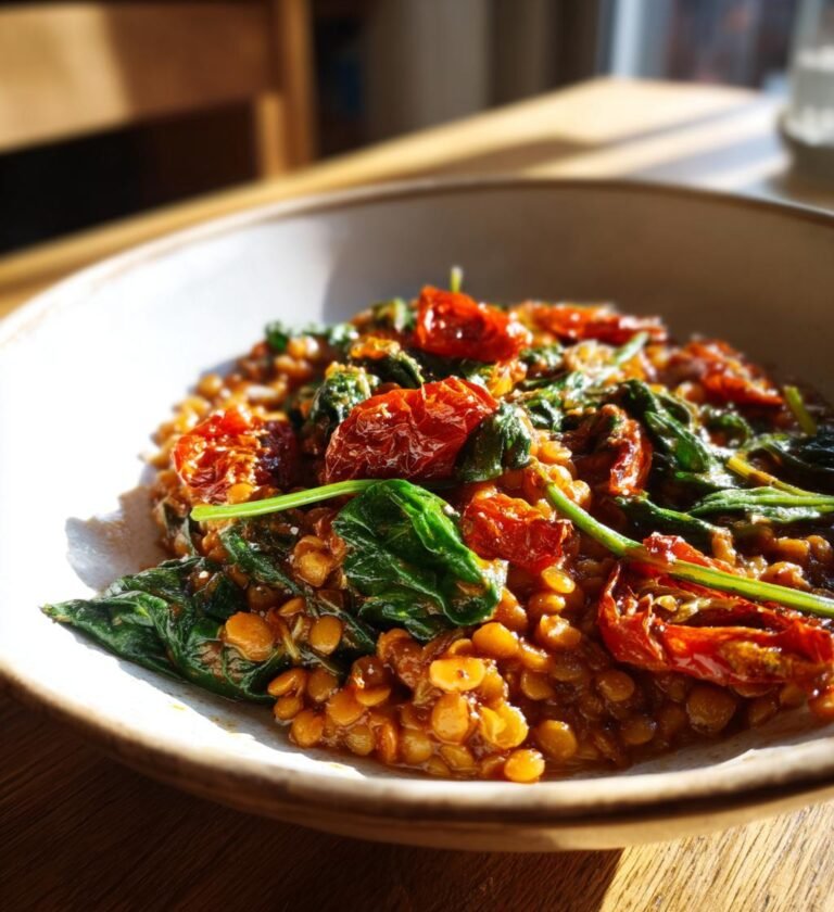 Kryddig Röd Linspasta med Soltorkade Tomater och Spenat