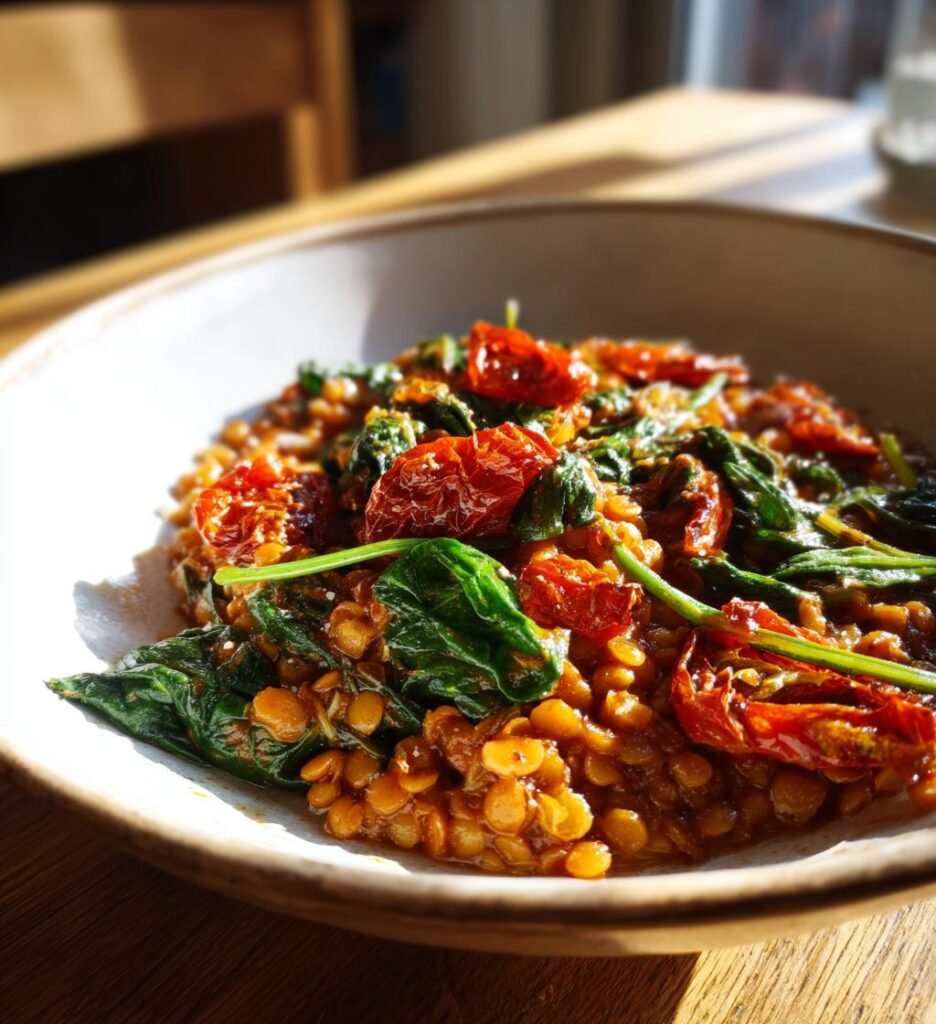 Kryddig Röd Linspasta med Soltorkade Tomater och Spenat