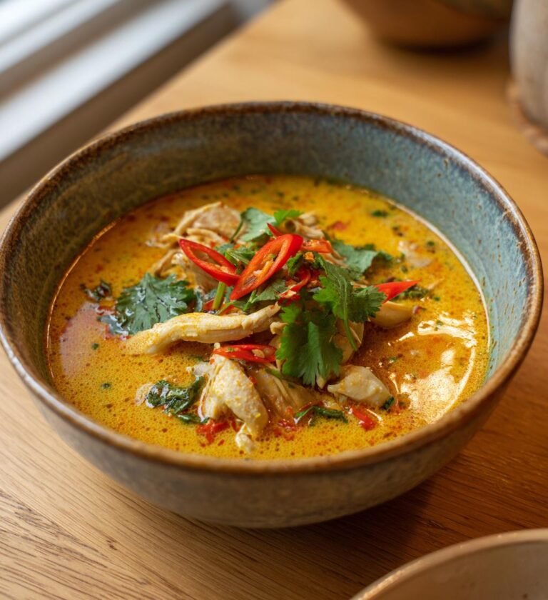 Kryddig Thaisoppa med Kycklingkött, Citrongräs och Kokosmjölk