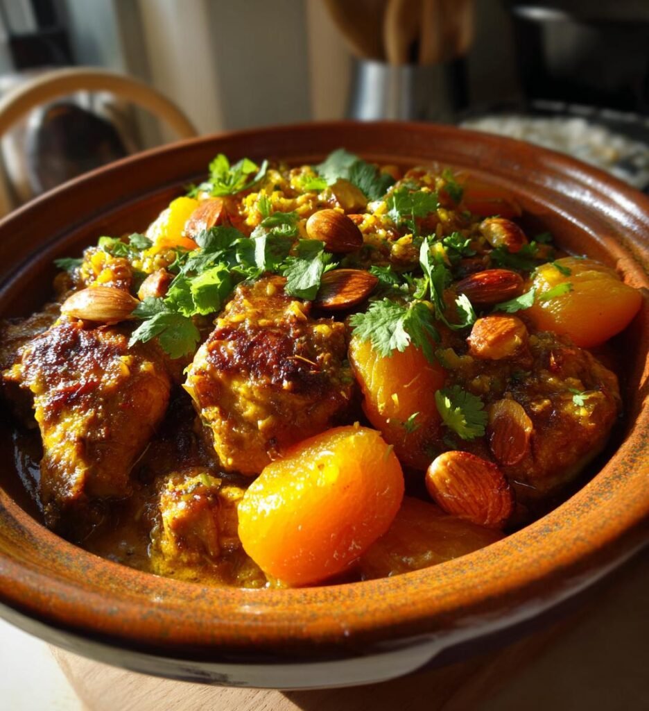 Kryddigt Marockanskt Kycklingtajine med Aprikoser, Mandlar och Saffransris