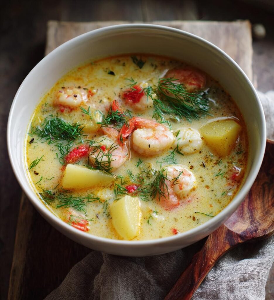 Ljuvlig Fisk- och Räksoppa med Potatis och Grädde