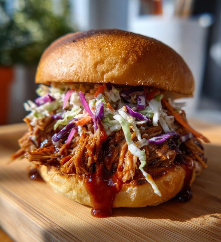 Långstekt Pulled Pork med Hemgjord Coleslaw, Inlagd Rödlök och Rökig Barbequesås
