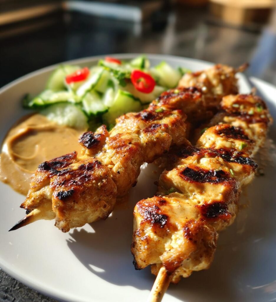 Möra Kycklingspett med Jordnötssås och Gurksallad