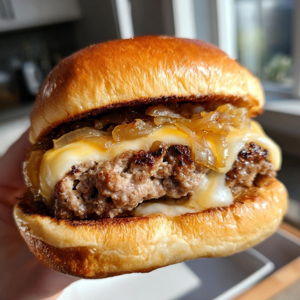 Oemotståndliga Franska Löksåsburgare med Smält Ost och Saftigt Nötfärs - detail 1