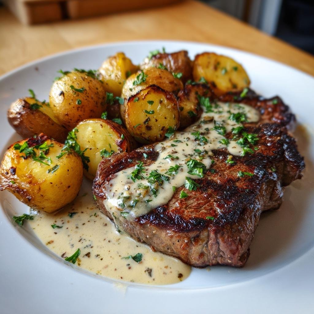 Saftig Biff med Krämig Vitlökssås och Rostad Potatis - detail 1