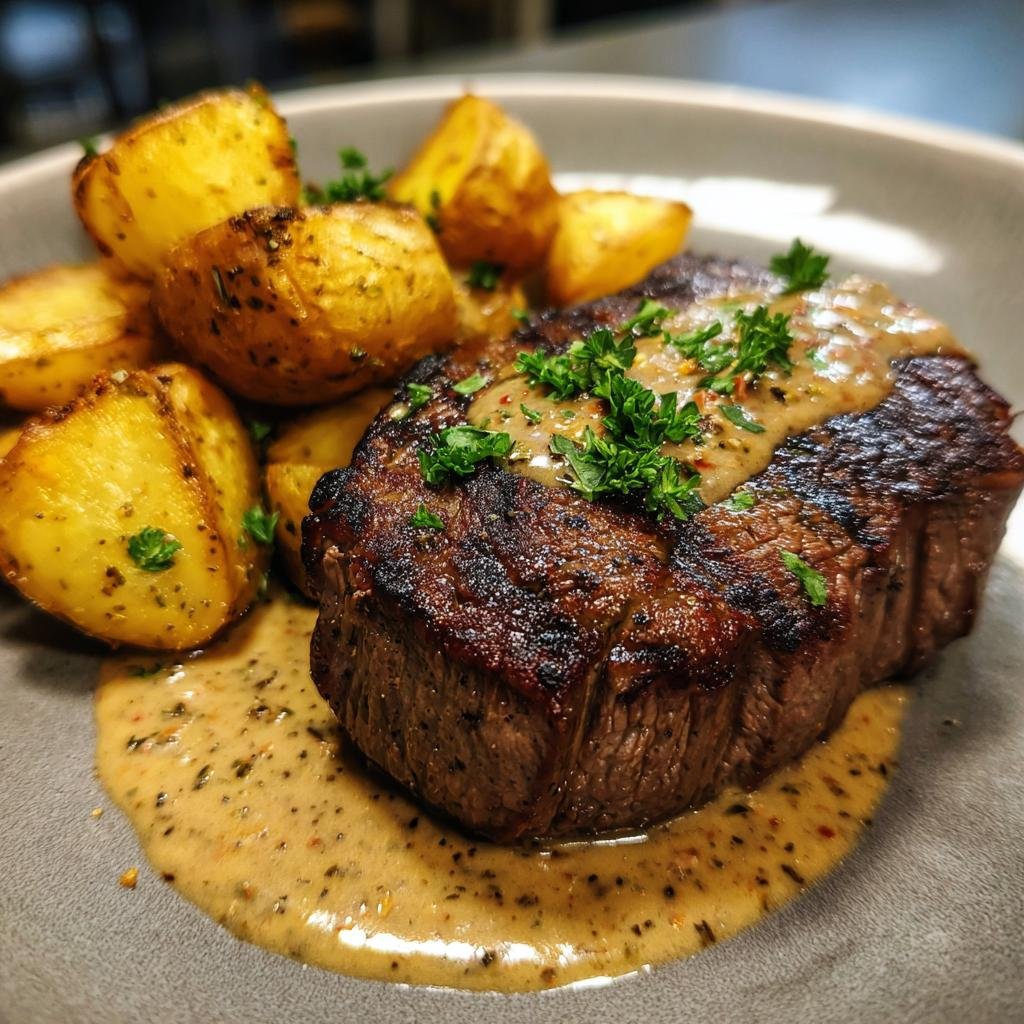 Saftig Biff med Krämig Vitlökssås och Rostad Potatis