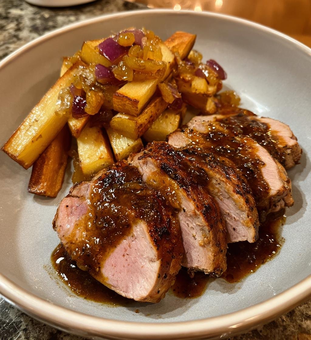 Saftig Fläskfilé med Senaps- och Honungsglasyr, Äppelchutney och Rostad Rotselleri - detail 1