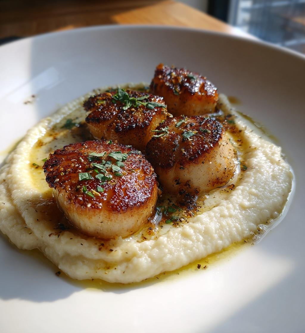 Smörstekt Pilgrimsmusslor med Blomkålspuré och Tryffelolja - detail 1