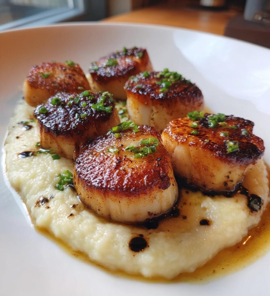 Smörstekt Pilgrimsmusslor med Blomkålspuré och Tryffelolja