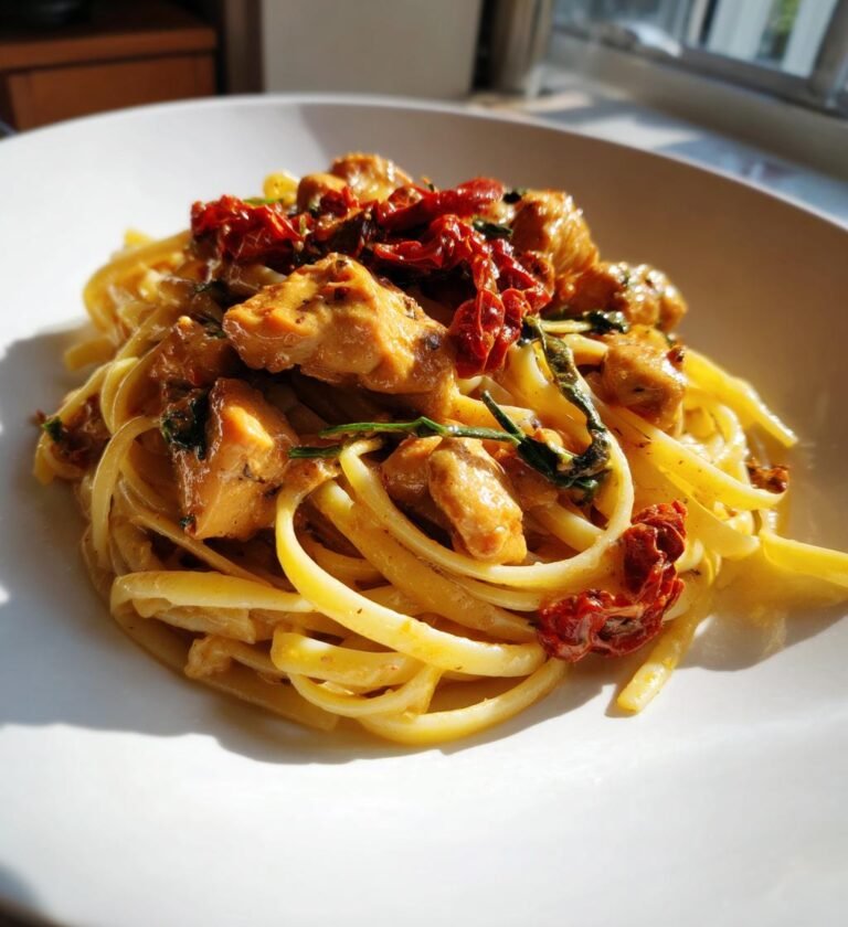 Snabb kycklingpasta med soltorkade tomater