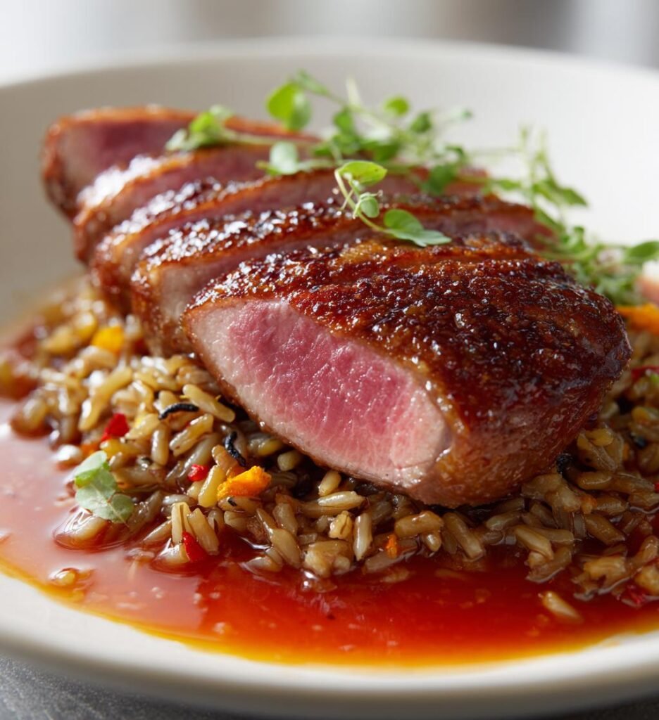 Stekt Ankbröst med Apelsin-Ingefärssås och Vildrisotto