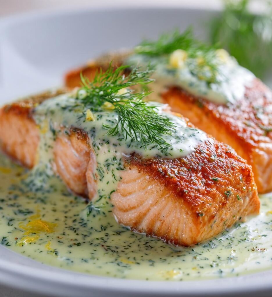 Stekt Laxfilé i Krämig Salladslökssås med Citron och Dill