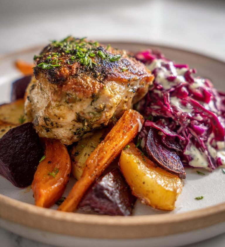 Stekt Örtkykling med Rostade Rotfrukter, Surgörda Vitkålssallad och Vitlöksdressing