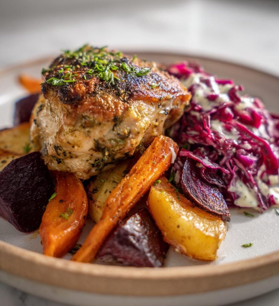 Stekt Örtkykling med Rostade Rotfrukter, Surgörda Vitkålssallad och Vitlöksdressing