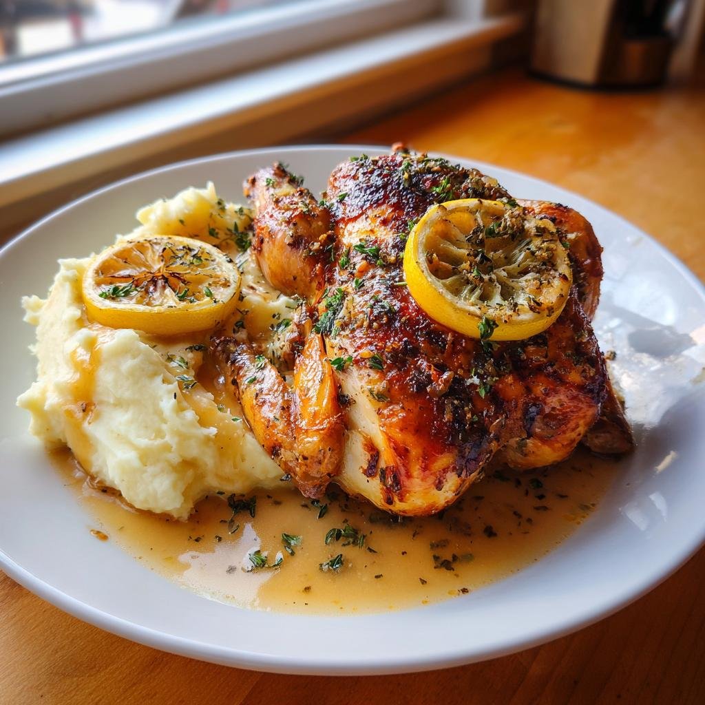 Ugnsbakad Hel Kyckling med Citron, Vitlök och Örter serverad med Krämig Potatismos och Sås - detail 1