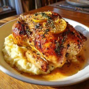 Ugnsbakad Hel Kyckling med Citron, Vitlök och Örter serverad med Krämig Potatismos och Sås