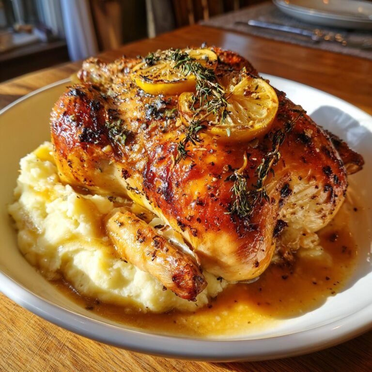 Ugnsbakad Hel Kyckling med Citron, Vitlök och Örter serverad med Krämig Potatismos och Sås