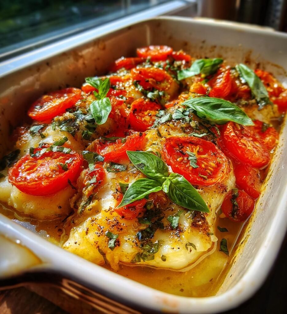 Ugnsbakad torsk med tomat och basilika