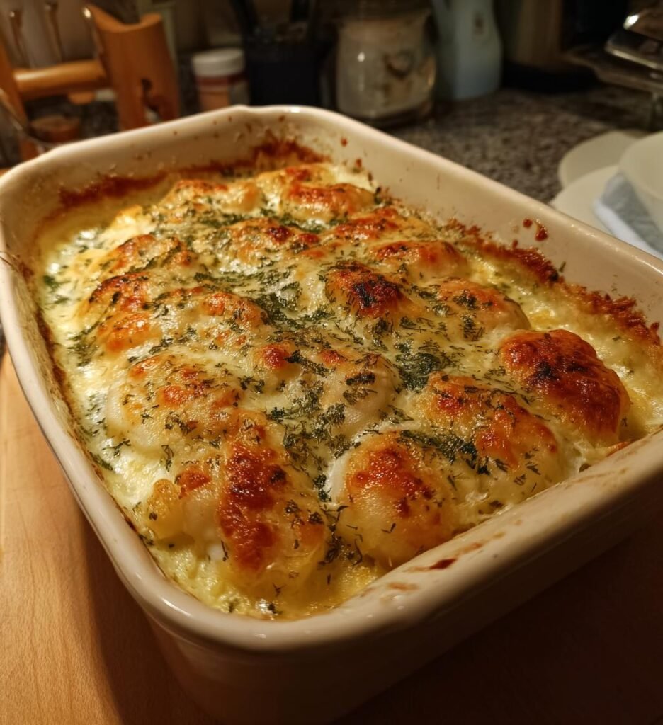 Ugnsgratinerad Fiskgratäng med Räkor och Dillsås