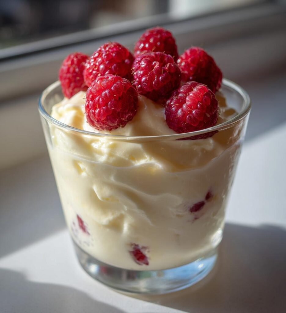 Vit chokladmousse med hallon