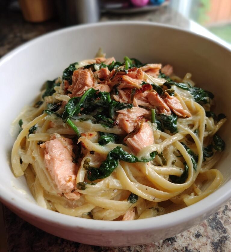 pasta med lax och spenat