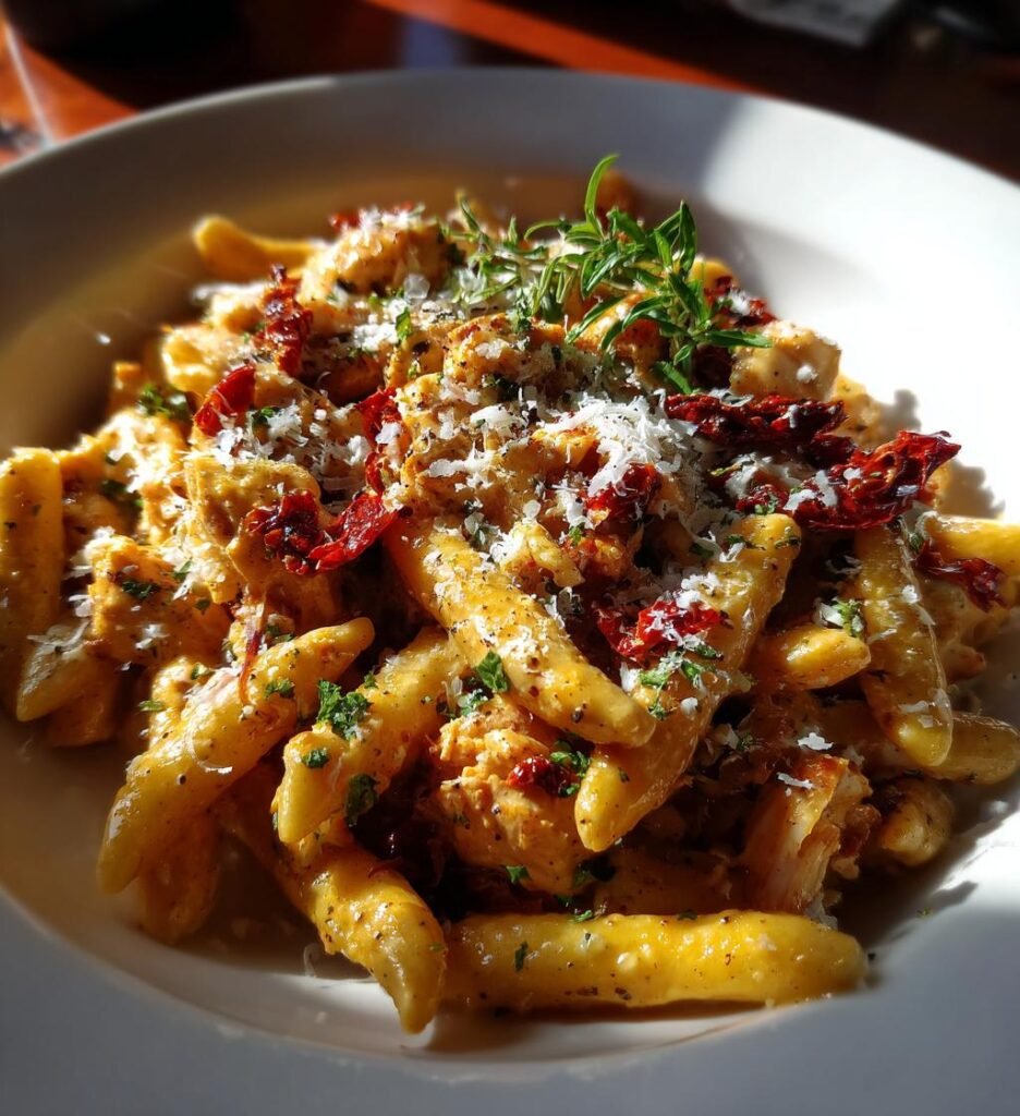 krämig kycklingpasta med soltorkade tomater