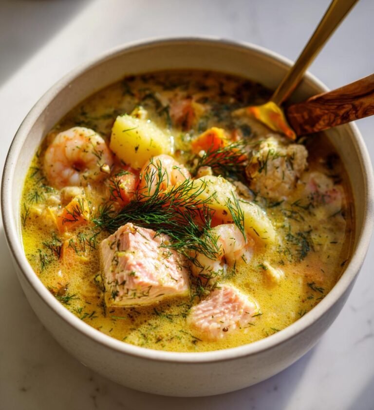 fisksoppa med lax torsk och räkor