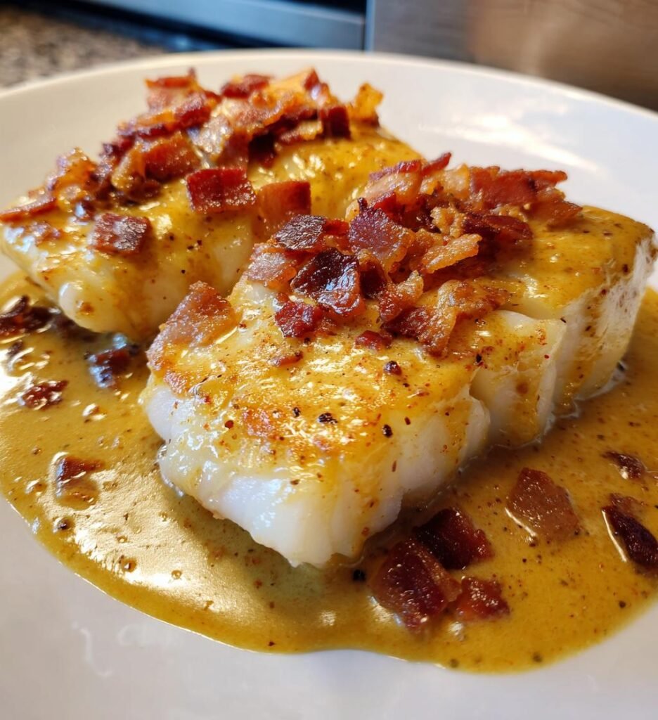 torsk i krämig senapssås med bacon