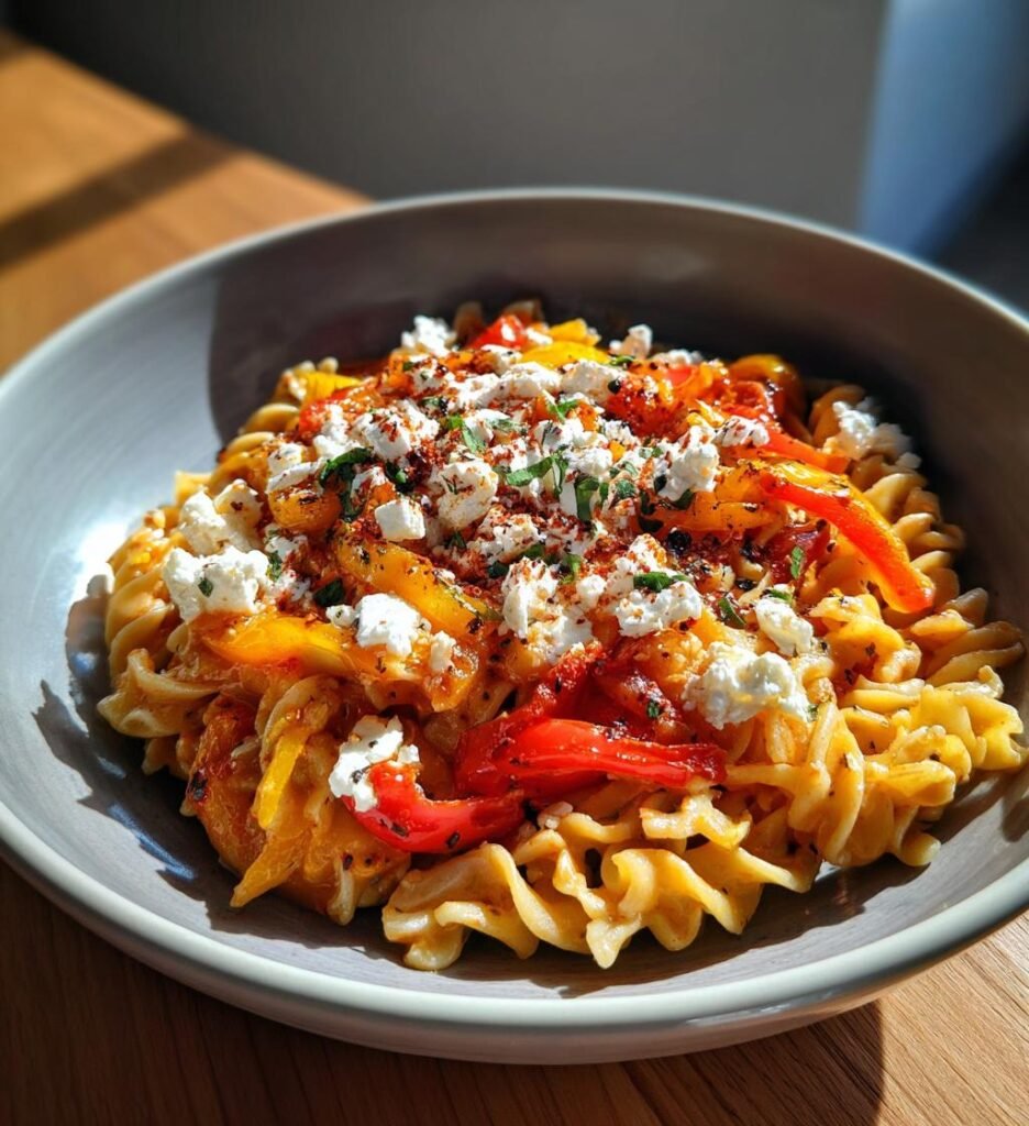 pasta med rostad paprika och fetaost