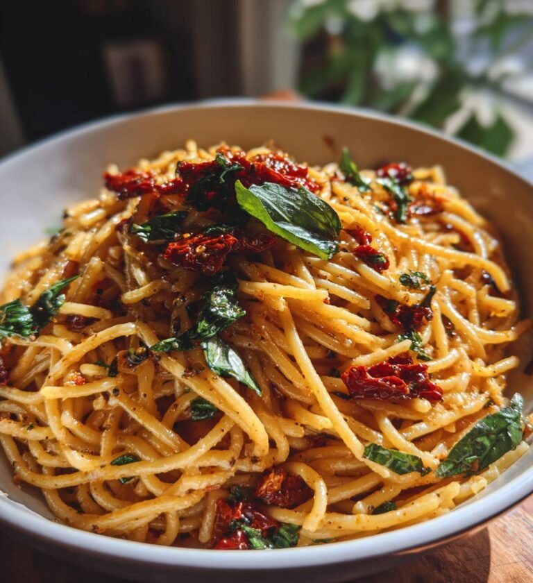 pasta med soltorkade tomater och basilika