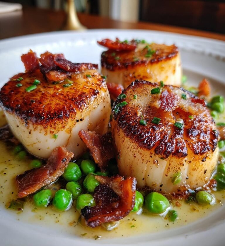 pilgrimsmussla med bacon och ärtor