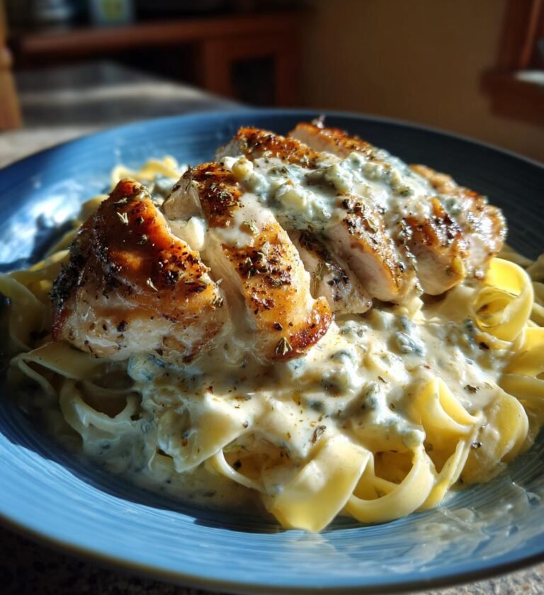 kyckling med ädelostssås och pasta