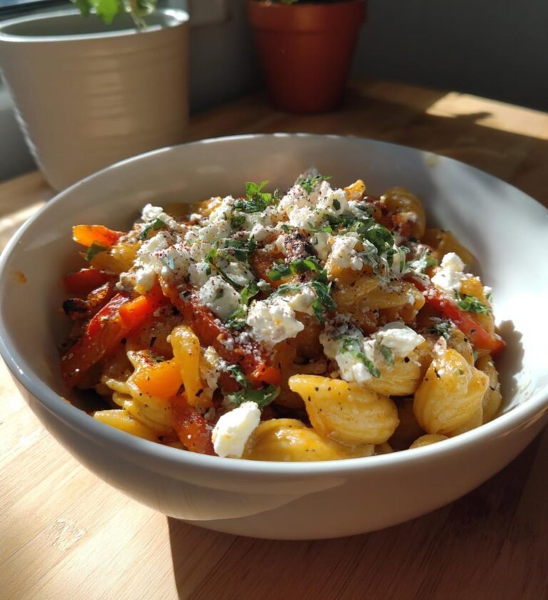 pasta med rostad paprika och fetaost