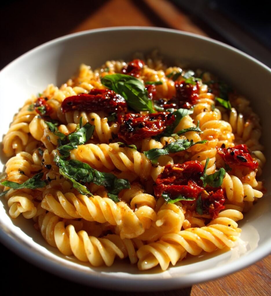 pasta med soltorkade tomater och basilika
