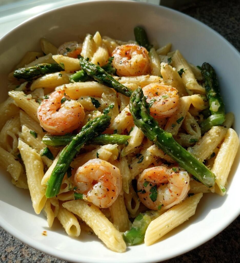 pasta med räkor och sparris