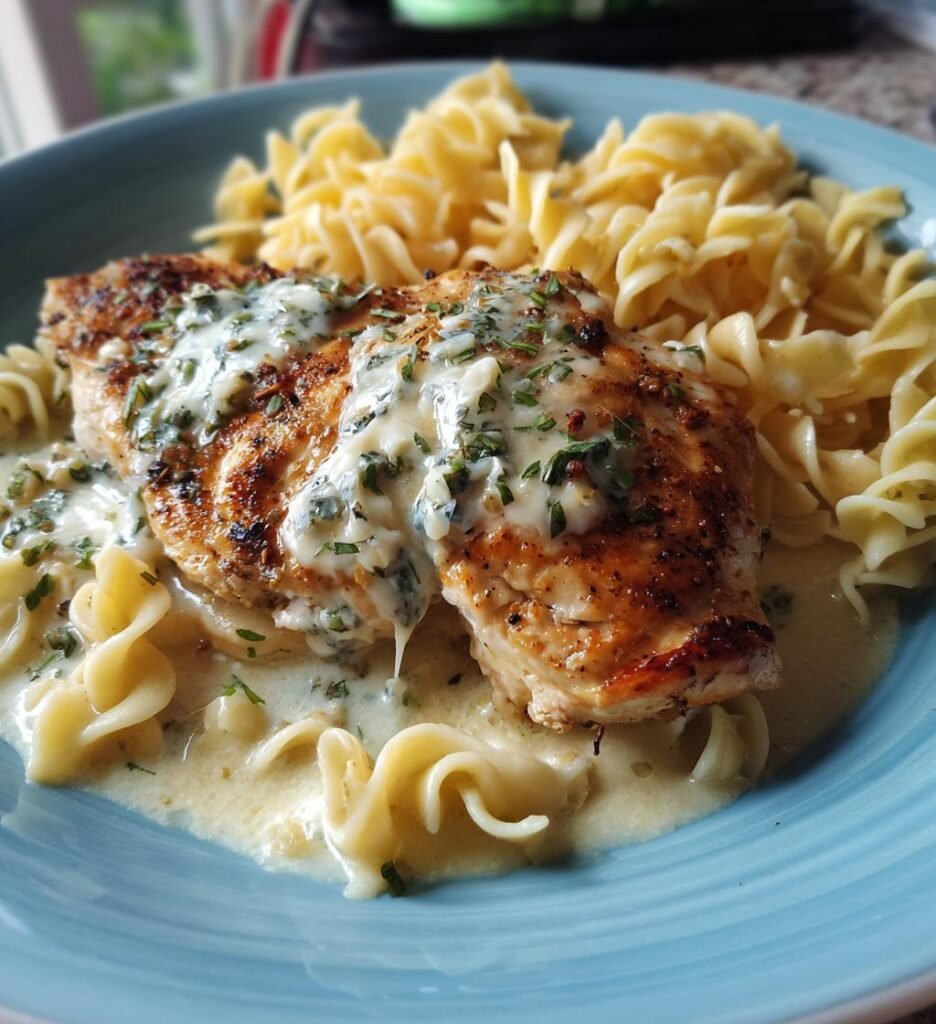 kyckling med ädelostssås och pasta