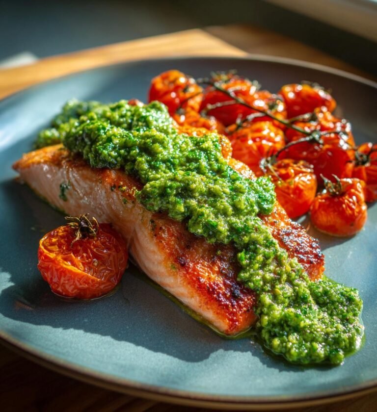 lax med ärtpesto och rostade tomater