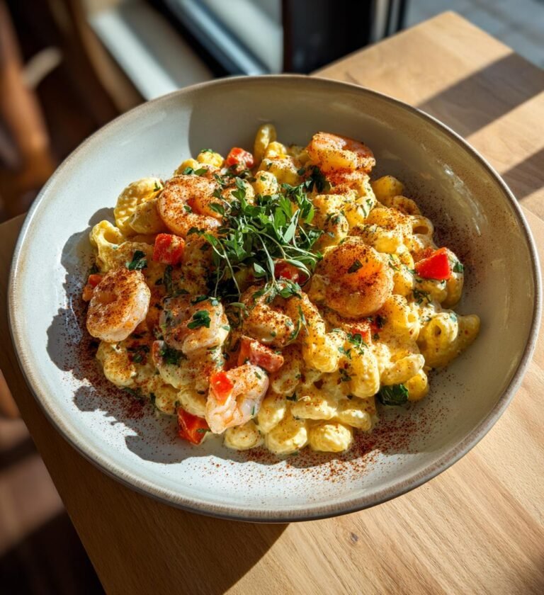 krämig pastasallad med räkor och majonnäs