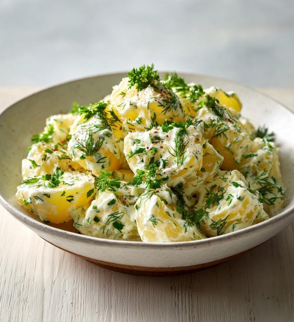 krämig potatissallad med yoghurt och örter