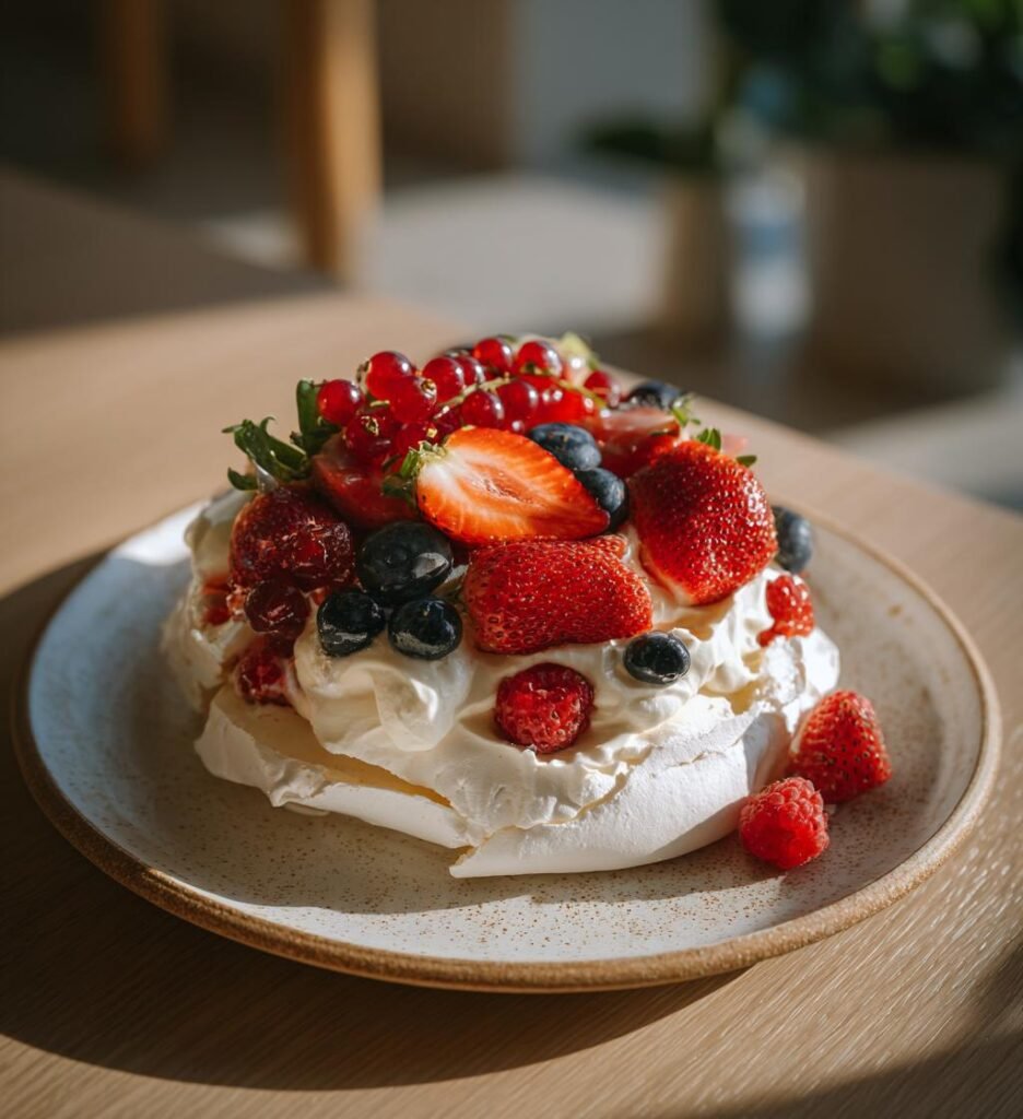Somrig pavlova med grädde och färska bär