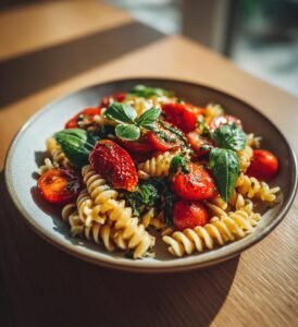 Somrig pastasallad med jordgubbar och basilika