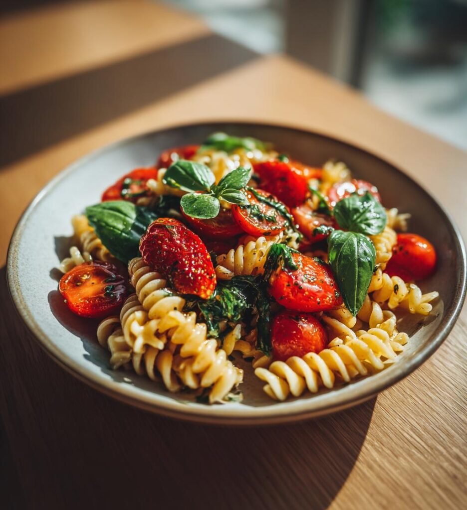 Somrig pastasallad med jordgubbar och basilika