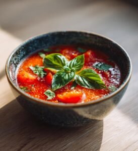 Fräsch sommarsoppa med tomat och basilika