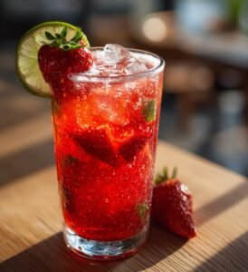 Hemgjord rabarberdrink med jordgubbar och lime