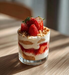 Jordgubbscheesecake i glas med digestivesmulor
