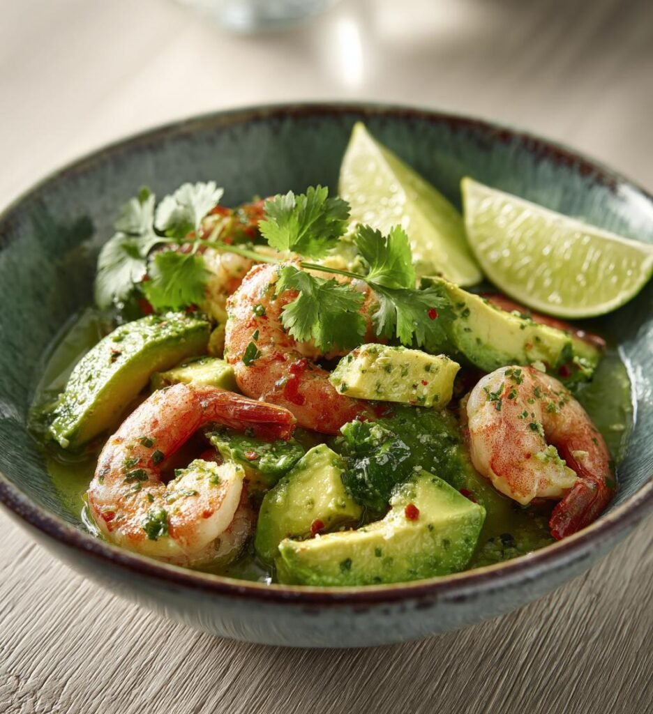 Krämig avokadosallad med räkor och lime