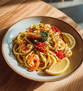 räkpasta med citron och vitlök