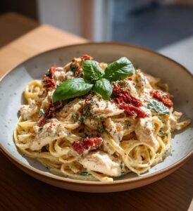Krämig kycklingpasta med soltorkade tomater