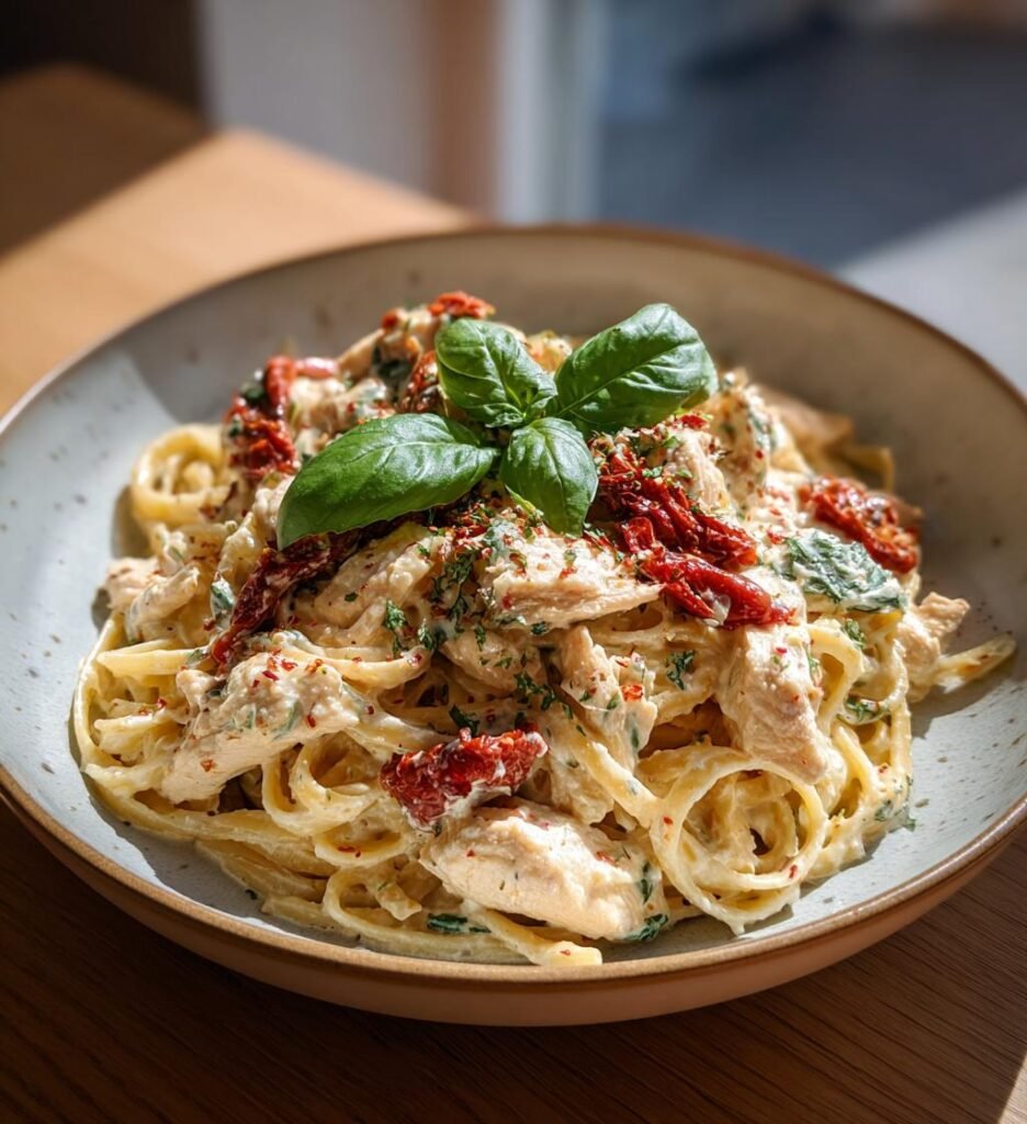 Krämig kycklingpasta med soltorkade tomater