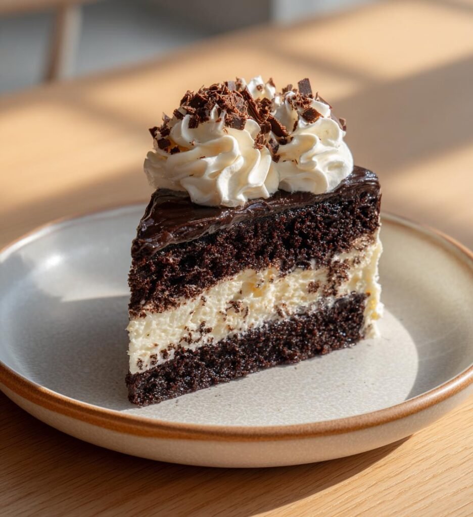 chokladkaka med krämig frosting och grädde